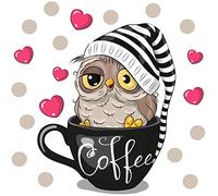 WandSticker4U®- Stickers TASSE À CAFÉ avec CHOUETTE mignonne noir I Autocollant tasse de café stickers muraux cuisine café pause coeur I Déco murale cuisine salle à manger bureau coffee shop