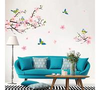 WandSticker4U®- XL Stickers muraux FLEURS de Pêche & OISEAUX (170x85 cm) I Autocollant mural fleur rose cerisier branche arbre plantes été I Déco murale salon chambre cuisine couloir enfant