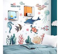 WandSticker4U®- XXL Stickers muraux ANIMAUX MARINS aquarelle GRAND (141x118 cm) I Autocollant mural baleine hippocampe poissons tortue mer océan I Déco murale chambre enfant bébé