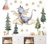 WandSticker4U®- XXL Stickers muraux DRAGON dans la & FORÊT enfant (109x53 cm) | Autocollant mural dinosaure animaux étoiles fantastiques I Déco murale chambre bébé garçon fille crèche