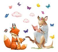 WandSticker4U®- XXL Stickers muraux RENARD & KANGOUROU (72x68 cm) I Autocollant mural chambre bébé animaux de la forêt papillons nuage I Déco murale chambre enfant bébé fille garçon crèche