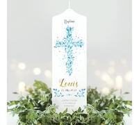 Wandtattoo Loft - Cierge de baptême garçon et fille - Sainte Croix - Feuilles bleues - Cierge de baptême - Avec prénom, date et inscription personnalisée - Croix de Jésus - 25 x 7 cm