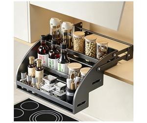 WANFANK Organisateur De Support À Épices Extractible, Étagère sous Armoire À 3 Niveaux, Support De Rangement De Cuisine Rétractable for Pots D'assaisonnement, Bouteilles, Comptoir(Black,34cm)