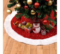 WANGCAIER Sequin Christmas Tree Skirt Cover, Edge White Faux Fur Tree Mats for Xmas Tree Decoration Indoor Outdoor Festival Ballroom Ornament,Red-120CM(47inch)