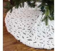 WANGCAIER White Christmas Tree Skirt Faux Fur Soft Thick Plush Mat Embroidered with Sequin Feather for Xmas Tree Decoration Holiday Party,Silver-90cm(35inch)