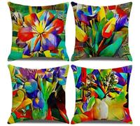 WANGG Housse de Coussin 35 X 35 cm Fleurs Lumineuses Lot de 4 Coton et Lin Décoratif Taie d'oreiller pour Chambre, canapé, Chaise, Lit,Jardin