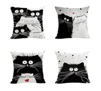 WANGG Housse de Coussin 40x40cm Chat Noir, Motif Chat Blanc Lot de 4 Coton et Lin Décoratif Taie d'oreiller pour Chambre, canapé, Chaise, Lit,Jardin
