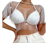 WANGHAIPING Haut Court en Maille à Strass Scintillants 2025 - Débardeur Sexy à Franges et Cristaux ajourés for Femme, idéal for Les soirées et Les Clubs(Black with Big White)