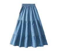 WANGHAIPING Jupes en Jean mi-Longues for Femmes Jupe en Jean Taille Haute Jupes trapèze Vintage Jupes superposées en Patchwork Jupe à Volants