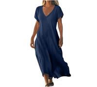 WANGHAIPING Robe Longue Fluide à col en V for Femme, Tenue d'été Tendance, Style bohème, idéale for la Plage, 2025(Q-Navy,3X-Large)
