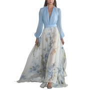 WANGHAIPING Robe maxi ample à manches longues et col en V pour femme - Robe élégante pour printemps et été - Bleu, bleu, M