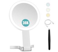 wangpuf 1x/30x Double Sided Magnifying Mirror with Light, 3 Lighting Modes, 2000mah Adjustable Brightness, Compact and Foldable Travel Makeup Mirror(White 30 X Travel Mirrors)