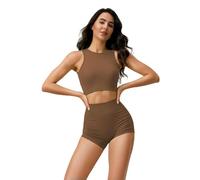 WANGQIQI Pantalon Femme Gilet Monopièce À Dos Croisé avec Sangles sans Et Shorts Taille Haute Couture Jumelés des Vêtements De Yoga Un Soutien-Gorge Sport Set 2 Pièces-Brun-s