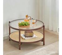 WANGRUIERHA Table Basse Ronde, Table Basse en Rotin et Bambou, Double Espace de Rangement, Idéale pour Les Canapés, Les Chevets, Les Petits Espaces, Les Salons, Chambres(Brown,75x75x42cm/30x30x17in)