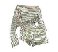 WANGSHUO Pyjamas Épaule Oblique Pyjama Rayé Short Féminin À Manches Longues en La Maison-Noir-m