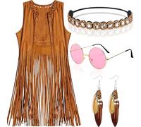 WANGWANG Costume hippie pour femme - Ensemble de 4 pièces - Gilet sans manches à franges avec accessoires - Tenue des années 70 pour carnaval et carnaval - Tenue disco rétro pour fille (taille XL)