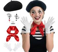 WANGWANG Pantomime Ensemble d'accessoires de costume pour femme - Accessoires de costume Pierrot avec béret noir, gants blancs, foulard rouge et tatouages pour le visage - Déguisement de clown pour