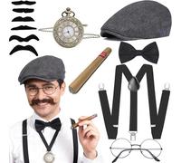 WANGWANG Set Accessoires Gangster Années 20 Homme (7 Pièces), Déguisement Années Folles Style Vintage, Panoplie Gentleman avec Casquette Plate, Bretelles, Montre de Poche & Moustache - Idéal Carnaval