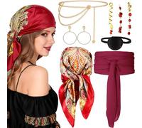 WANGWANG Set d'Accessoires de Pirate pour Femme (8 Pièces) - Panoplie Complète avec Bandana, Ceinture à Pièces, Cache-œil, Boucles d'Oreilles & Chaîne de Taille - Déguisement pour Carnaval