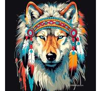 WANGXIAO Peinture par Numero Adulte,DIY Peinture à l'huile par Numéros,Artisanat avec Pinceaux Peintures Acryliques,Maison Cadeau,40x40cm,Chapeau à plumes en forme de crâne de loup, indien,Avec cadre