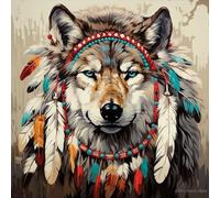 WANGXIAO Peinture par Numero Adulte,DIY Peinture à l'huile par Numéros,Artisanat avec Pinceaux Peintures Acryliques,Maison Cadeau,40x40cm,Chapeau de plumes de chef de loup, indien,sans cadre