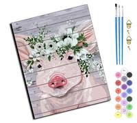 WANGXIAO Peinture par Numéros pour Adulte,DIY Peinture Acrylique pour débutants Facile sur Toile 40×50 cm avec peintures et pinceaux,Cochon avec une couronne de fleurs,sans cadre