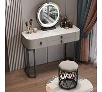 WANGXLGD Coiffeuse avec Miroir Rond lumière LED Tactile 3 tiroirs et Tabouret Ensemble de Table de Maquillage Vanity Dresser Organisateur de Bijoux Mobilier de Chambre à Coucher (Grey,80CM)