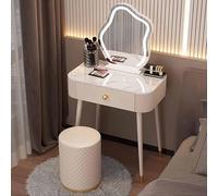 WANGXLGD Petite Table de Maquillage avec Miroir Lumineux réglable à 3 Modes, Tabouret rembourré, Table de Toilette en Bois Massif pour Chambre de Fille (B,70cm)