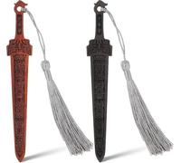 Wangyaohan Lot de 2 marque-pages en bois en forme d'épée - Style vintage créatif - Fait à la main - Avec pompons - Pour homme et femme - Cadeau d'anniversaire