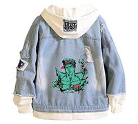 WANHONGYUE Anime JoJo’s Bizarre Adventure Veste en Jean Blouson Homme Femme Denim Trucker Jacket Cosplay Hoodie Manteaux à Capuche Bleu/1 L