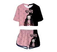 WANHONGYUE Anime Kamado Nezuko Ensemble Short et Crop Top Femme Fille Survêtement de 2 Pièces Été T-Shirt à Manches Courtes + Pantalon Court pour les Activités Sportives, Nezuko, XXS
