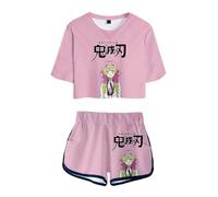 WANHONGYUE Anime Kanroji Mitsuri Ensemble Short et Crop Top Femme Fille Survêtement de 2 Pièces Été T-Shirt à Manches Courtes + Pantalon Court pour les Activités Sportives, Mitsuri, XL