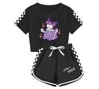 WANHONGYUE Kawaii Anime Ensemble Short et Crop Top Femme Fille Survêtement de 2 Pièces Été T-Shirt à Manches Courtes + Pantalon Court pour les Activités Sportives, Noir/2, XXS