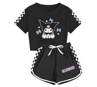 WANHONGYUE Kawaii Anime Ensemble Short et Crop Top Femme Fille Survêtement de 2 Pièces Été T-Shirt à Manches Courtes + Pantalon Court pour les Activités Sportives, Noir/1, XS