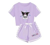 WANHONGYUE Kawaii Anime Ensemble Short et Crop Top Femme Fille Survêtement de 2 Pièces Été T-Shirt à Manches Courtes + Pantalon Court pour les Activités Sportives, Violet clair/1, 4XS