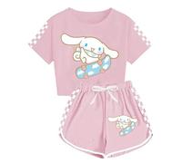 WANHONGYUE Kawaii Cartoon Ensemble Short et Crop Top Femme Survêtement de 2 Pièces Été Fille T-Shirt à Manches Courtes + Pantalon Court pour les Activités Sportives, Rose/1, 3XS