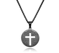WanLike Collier avec pendentif en forme de croix du Seigneur noir en acier inoxydable avec chaîne vénitienne, disque rond gravé de prière chrétienne (croix circulaire noire)