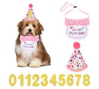 Wanmu Fournitures de fête d'anniversaire pour chat, chapeau rose avec chiffres et bandana pour chats, chatons, animaux domestiques, vêtements, tenues d'anniversaire décorations