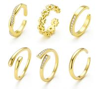 Wanmu Lot de 6 bagues d'orteil pour femme en or 14 carats qui ne ternissent pas - Bague d'orteil réglable ouverte en forme de fleur - Bague d'orteil délicate pour l'été, la plage
