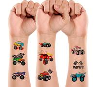 Wanmu Lot de 8 feuilles de tatouages temporaires pour enfants, voiture de course, drapeau à carreaux, autocollants cool imperméables pour garçons, fête, cadeau d'anniversaire, décoration
