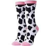 Wansruee Chaussettes pour femme avec imprimé vache rose et léopard - Chaussettes mi-ras du cou en coton doux fantaisie pour femmes et adolescentes - Idée cadeau