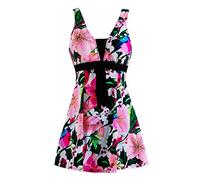 Wantdo Femme Maillots de Bain Une Pièce Robe pour Natation Sportif Impression Élasticité Imprimé Fleur Col en V Taille Plus Cache-Ventre Bretelles Larges Rembourré,Fleur de Oiseau,EU48-50/ UK 20-22