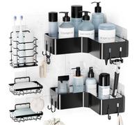 Wantocore Étagère Douche Sans Perçage Angle 5 en 1, Étagère Murale Salle de Bain Noire en Métal Antirouille, Panier Adhésif avec Crochets pour Shampoing Gel Douche Savon Brosses à Dents