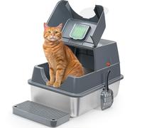 WANTRYAPET Bac à litière extra large en acier inoxydable avec couvercle rabattable, entrée par le haut, facile à nettoyer et à assembler, gris foncé