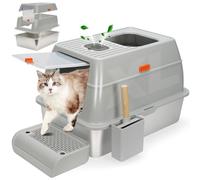 WANTRYAPET Bac à litière pour chat en acier inoxydable avec couvercles, pour gros chat, double entrée, haut côté, extra large, anti-fuite, taille XL, gris