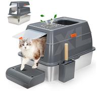 WANTRYAPET Bac à litière pour chat en acier inoxydable avec couvercles, pour gros chat, double entrée, haut côté, extra large, anti-fuite, taille XL, gris foncé