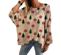 WANWEN Christmas Crochet Sweater Women Tree Knit Pullover Xmas Holiday Sweaters Loose Batwing Jumpers Cute Graphic Crochet Hollow Out Drop Shoulder Pullover (B,TG)