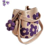 WANWEN Handmade Crochet Flower Tote, Knit Floral Purse Bag, Boho Woven Beach Handbags Crossbody Shoulder Bag for Women, Summer Vacation Travel Floral Bag, Vintage Bohemian Beach Purse (Purple)