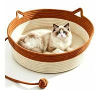 WANWEN Handwoven Cat Basket Bed with Hanging Ball Toy, Round Cat Scratcher Bed, Breathable Scratchable Pet Lounger Basket for Sleeping, Playing, Relaxing (no Mat)