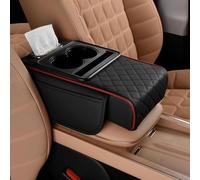 WANWEN Multifunctional PU Leather Car Armrest Box Mat with Central Elbow, Car Armrest Cushion, 5-in-1 Center Console Cover, with 2 Storage Bags, Cup Holder, Tissue Box Slot, Phone Slot (Black Red)